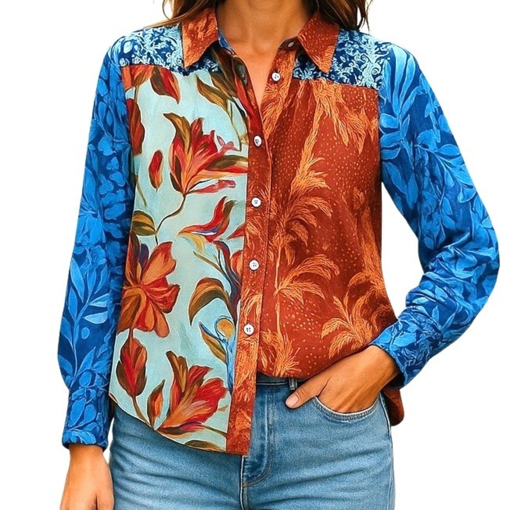 SOFT SURROUNDINGS Floral Boho Artsy Patchwork Hermosa Button Top Blouse Women S